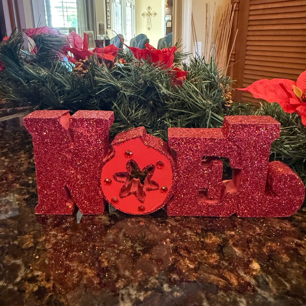Glittery Red Noel Holiday Decoration Wood